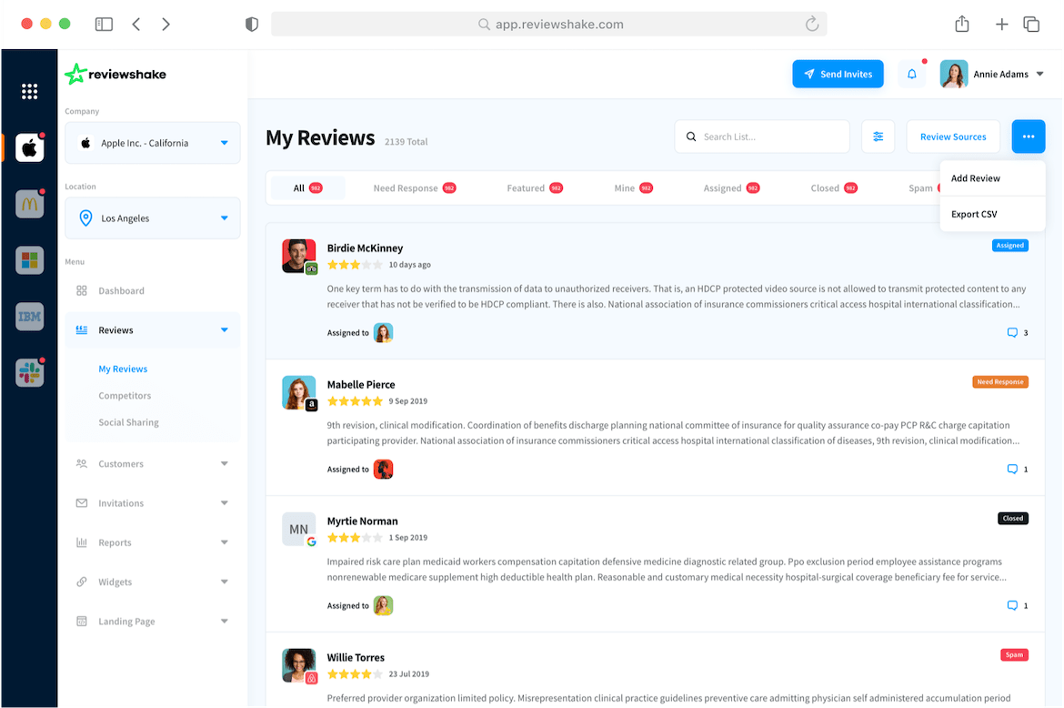 Dashboard displaying the list of reviews and possible actions to take.